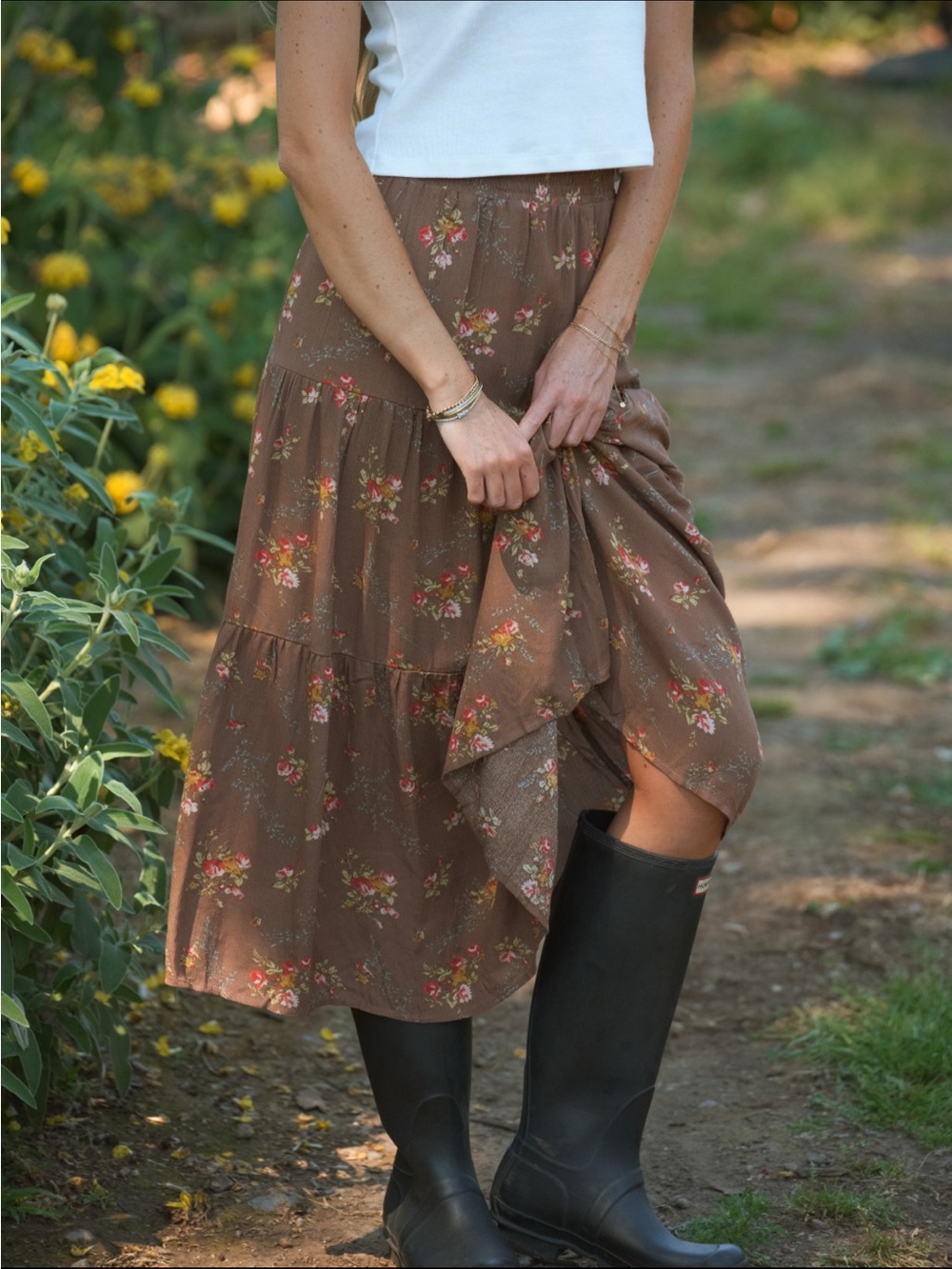 Carly Jean Los Angeles Brown Floral Tiered Midi Skirt “Kinley”